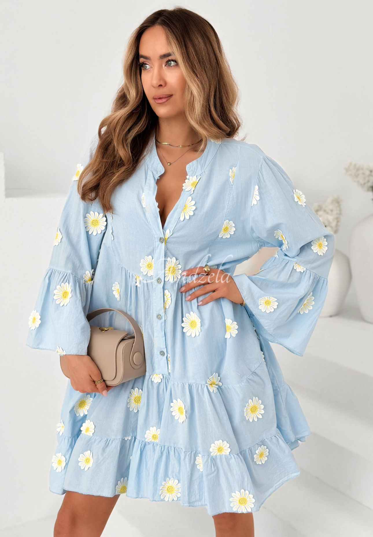 Cute Daisy Light Blue Cotton Dress with Ruffles and Floral Patches