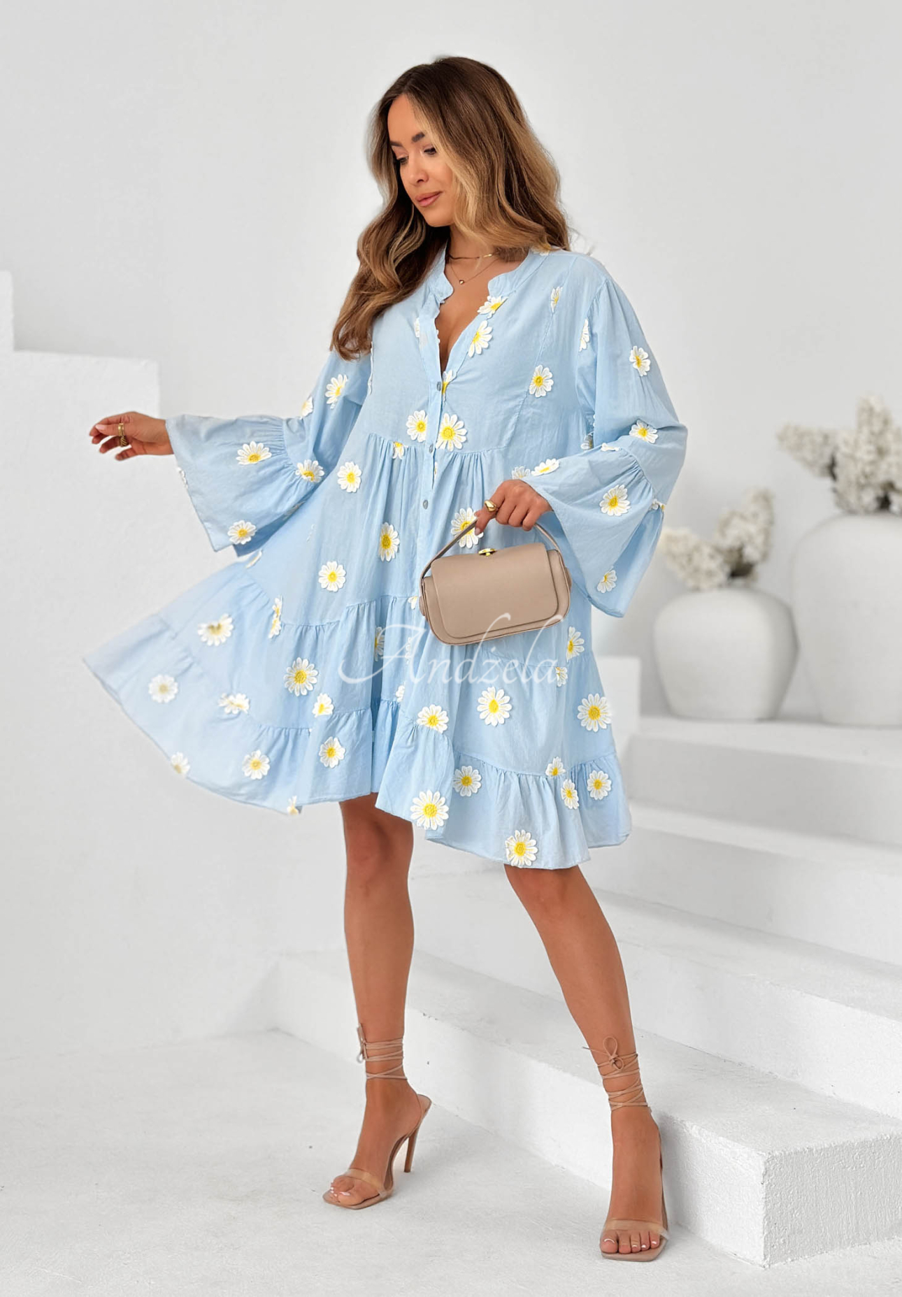 Cute Daisy Light Blue Cotton Dress with Ruffles and Floral Patches