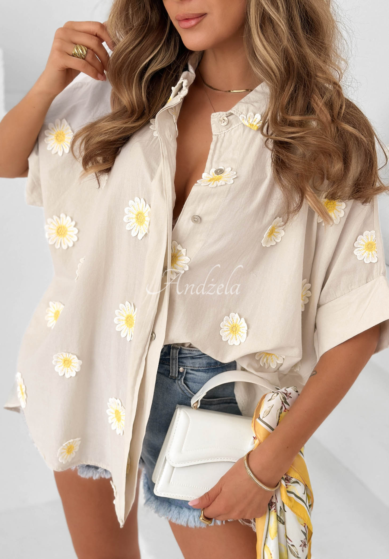 Cute Daisy Beige Cotton Shirt with Floral Patches