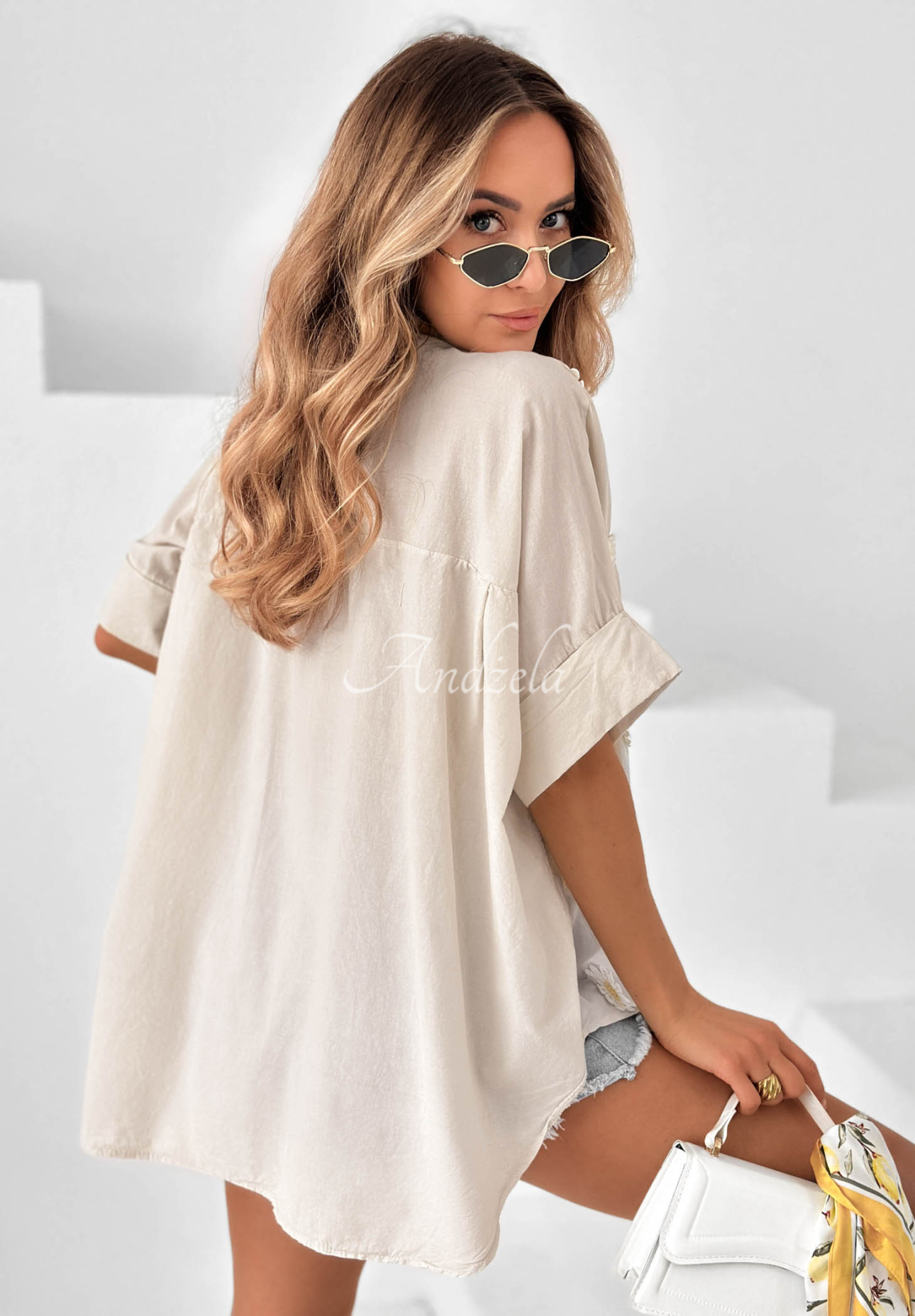 Cute Daisy Beige Cotton Shirt with Floral Patches