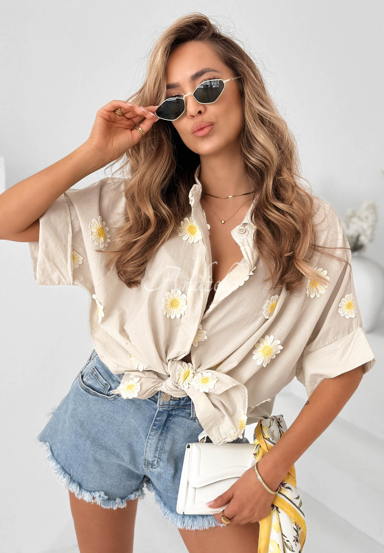 Cute Daisy Beige Cotton Shirt with Floral Patches