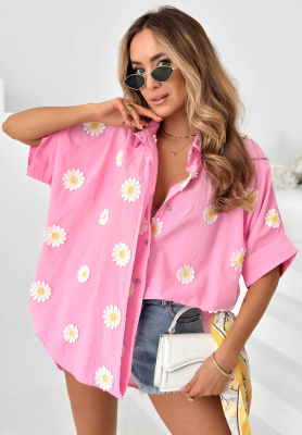 Pink Cute Daisy cotton shirt with floral patches