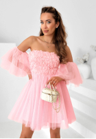 Tiulowa sukienka mini z rękawkami Florabella pudrowy róż