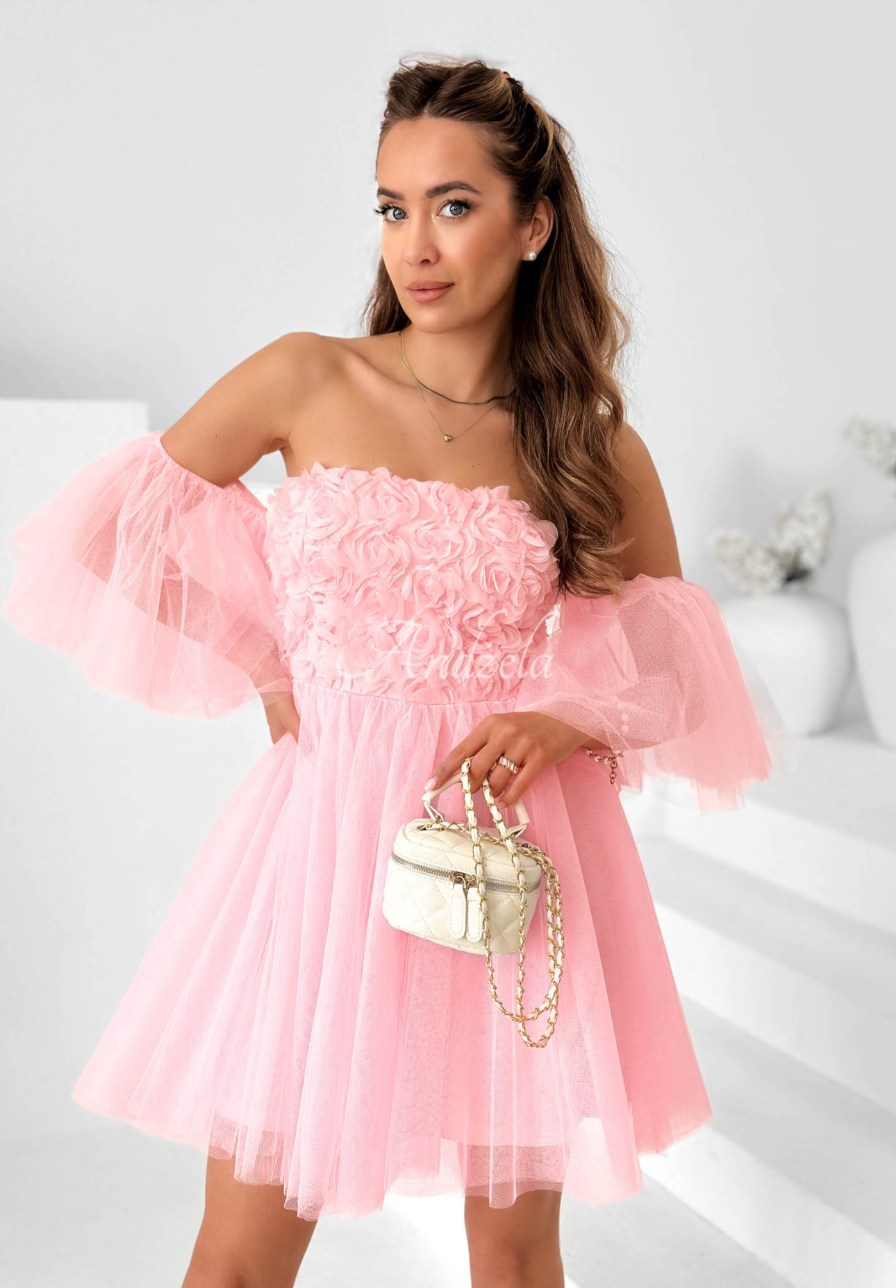 Florabella Powder Pink Tulle Mini Dress with Sleeves