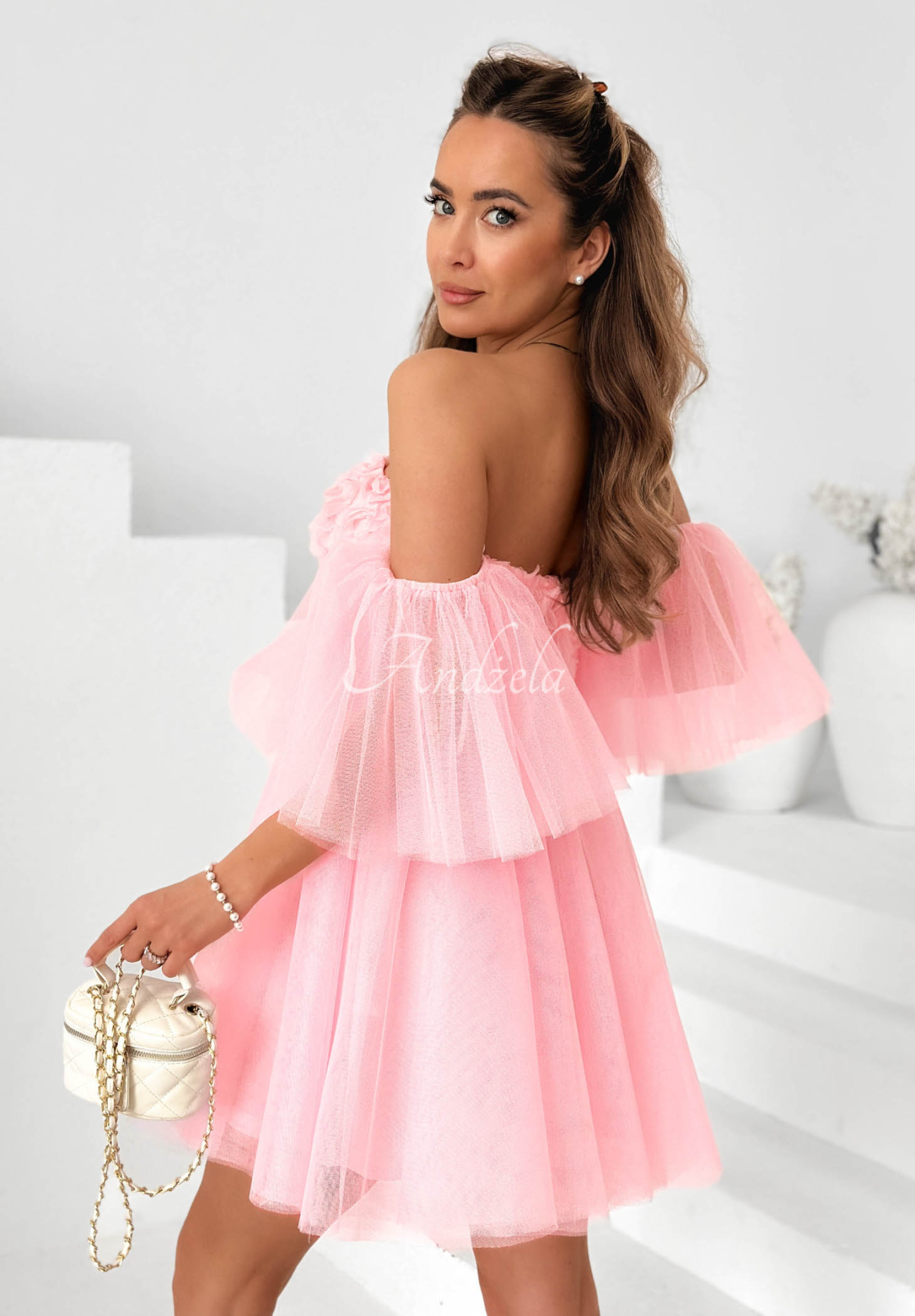 Florabella Powder Pink Tulle Mini Dress with Sleeves