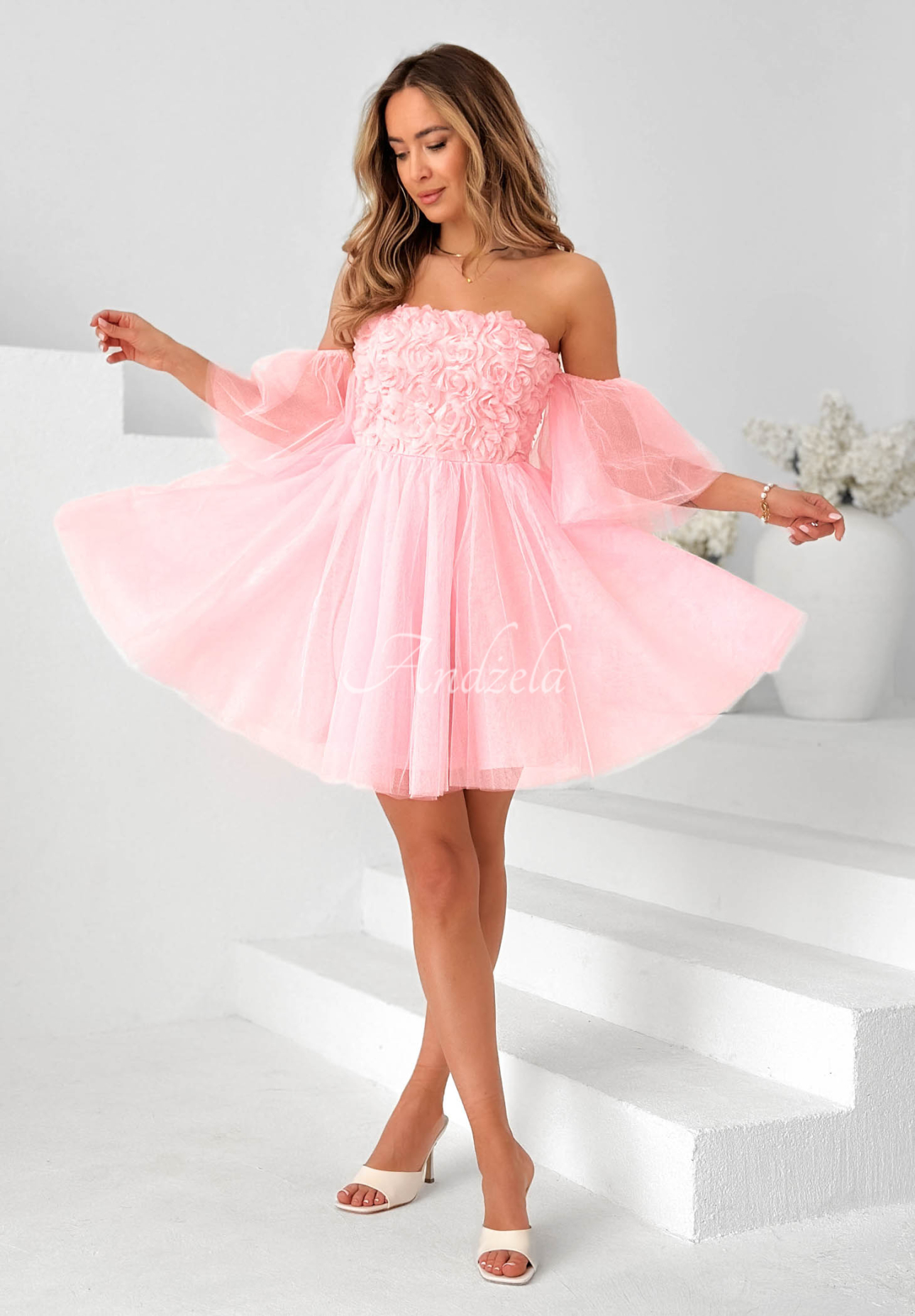 Florabella Powder Pink Tulle Mini Dress with Sleeves