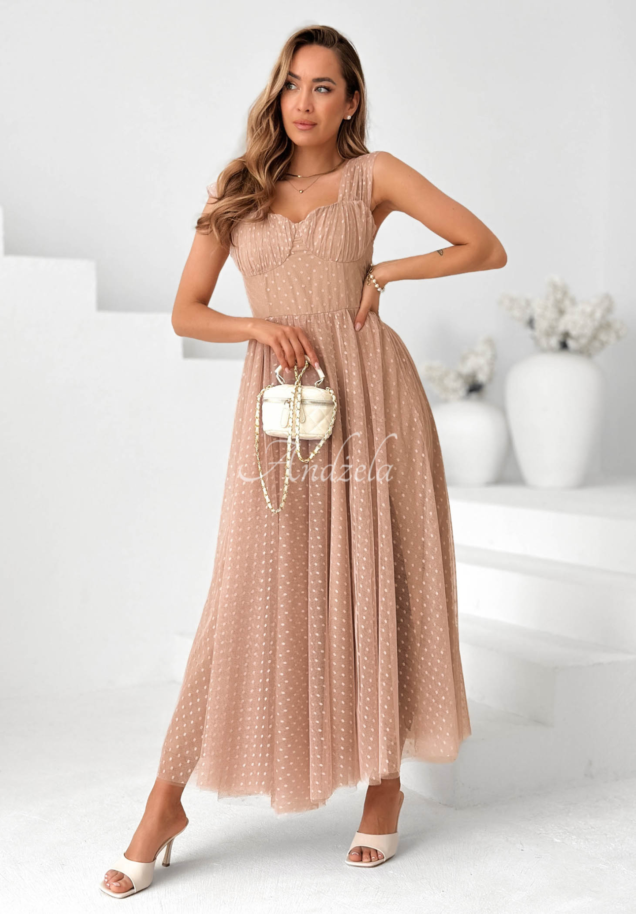 Blush Dream Beige Polka Dot Tulle Maxi Dress