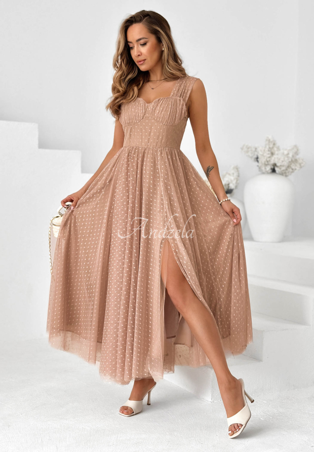 Blush Dream Beige Polka Dot Tulle Maxi Dress