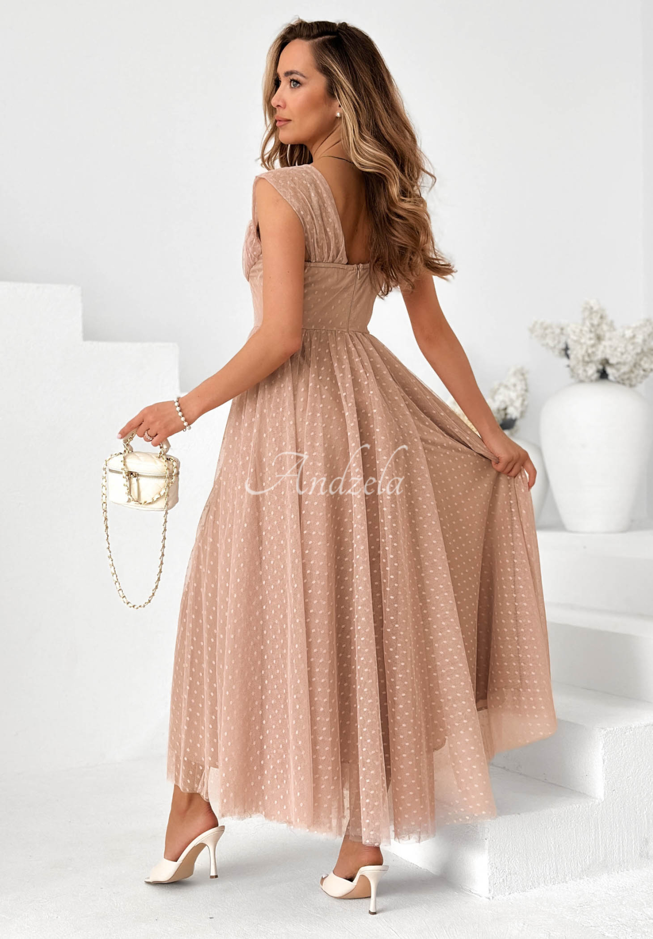 Blush Dream Beige Polka Dot Tulle Maxi Dress