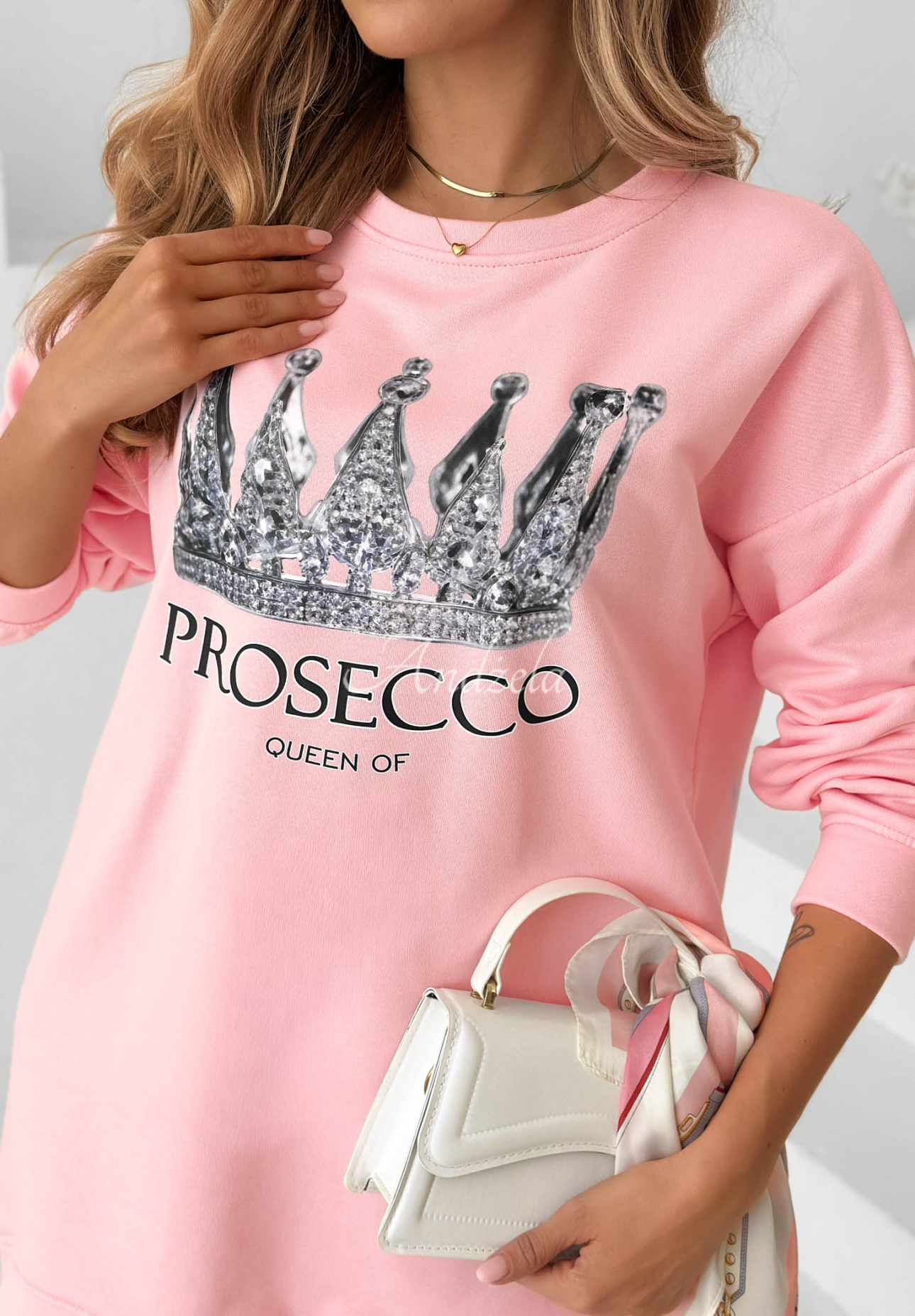 Pink Cotton Sweatshirt Dress with "Queen Of Prosecco" Print II