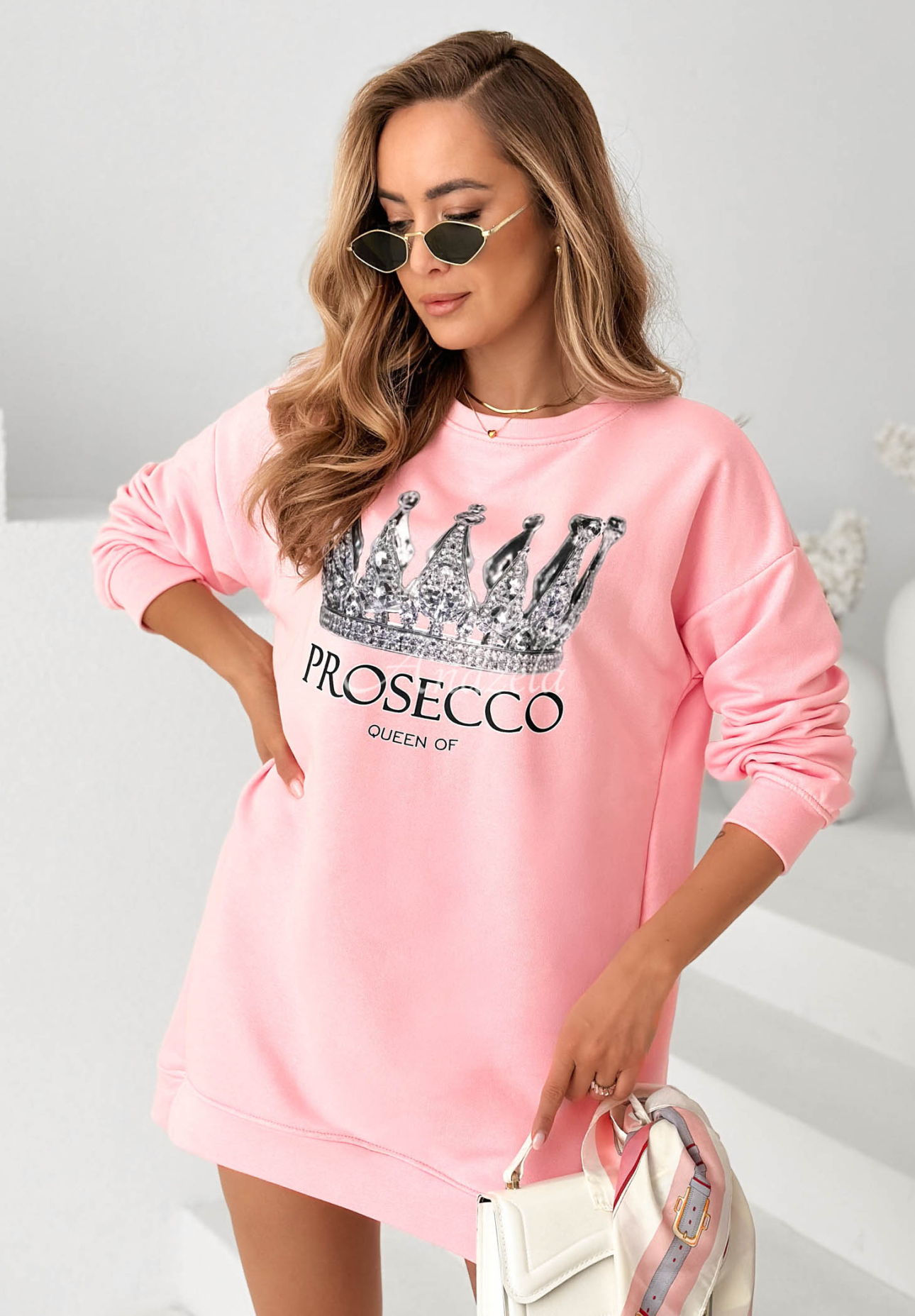Pink Cotton Sweatshirt Dress with "Queen Of Prosecco" Print II