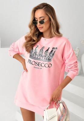 Pink Cotton Sweatshirt Dress with "Queen Of Prosecco" Print II