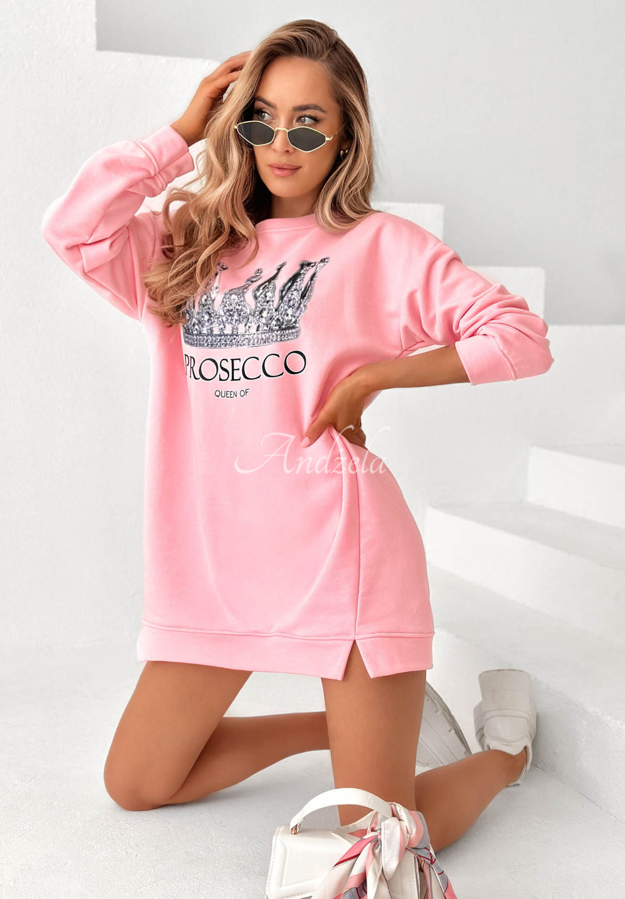 Pink Cotton Sweatshirt Dress with "Queen Of Prosecco" Print II