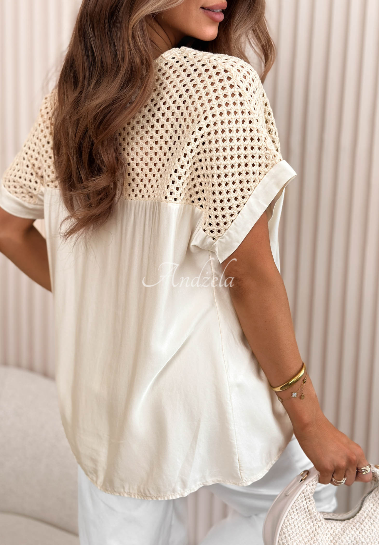 Capri Coast Beige Cotton Blouse with Openwork Top