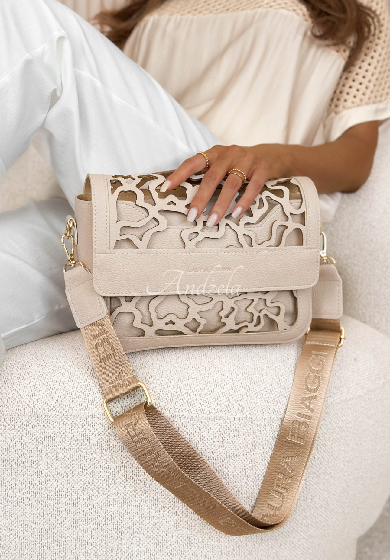 Rosanna Beige Leather Handbag with Openwork Design