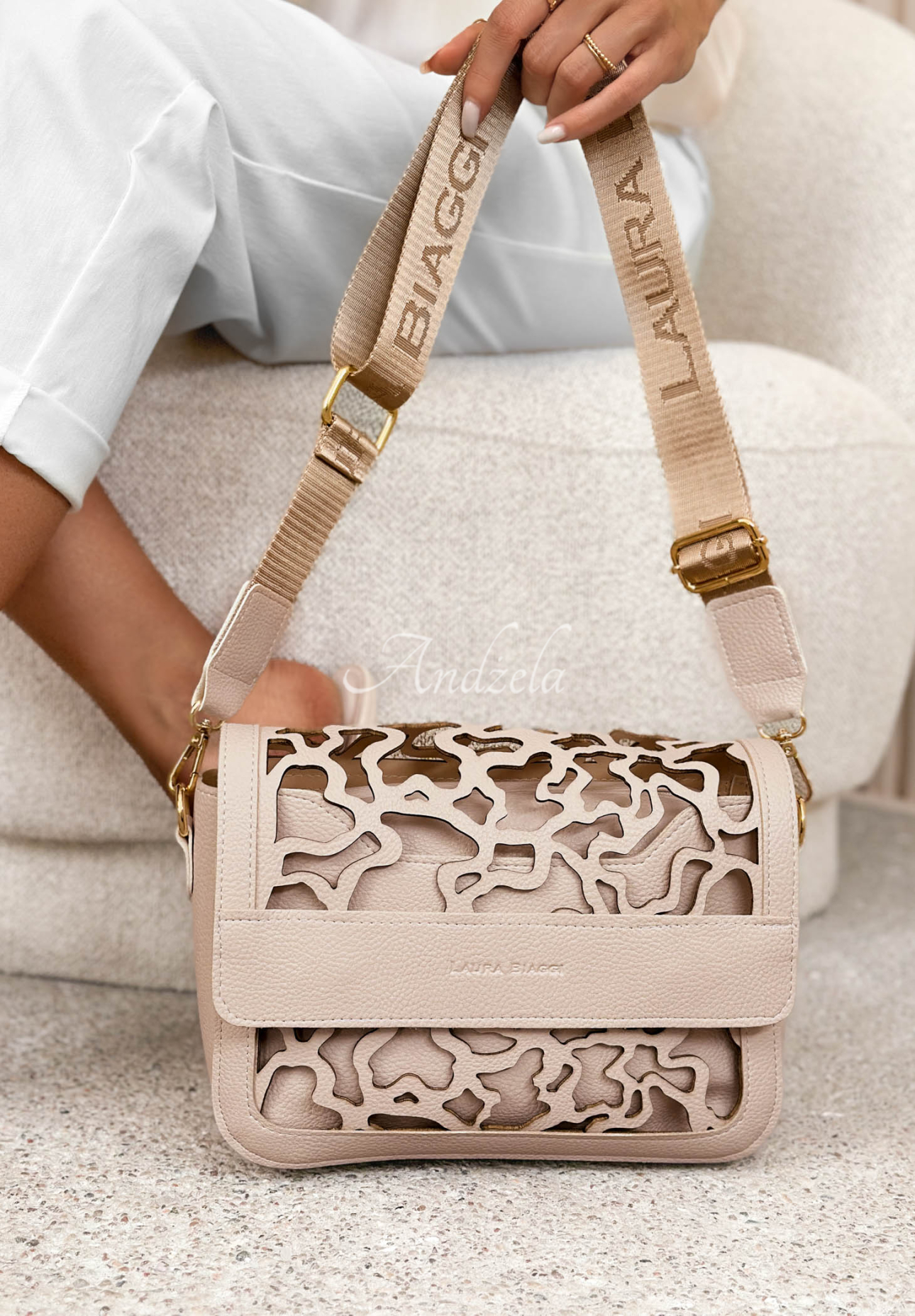 Rosanna Beige Leather Handbag with Openwork Design
