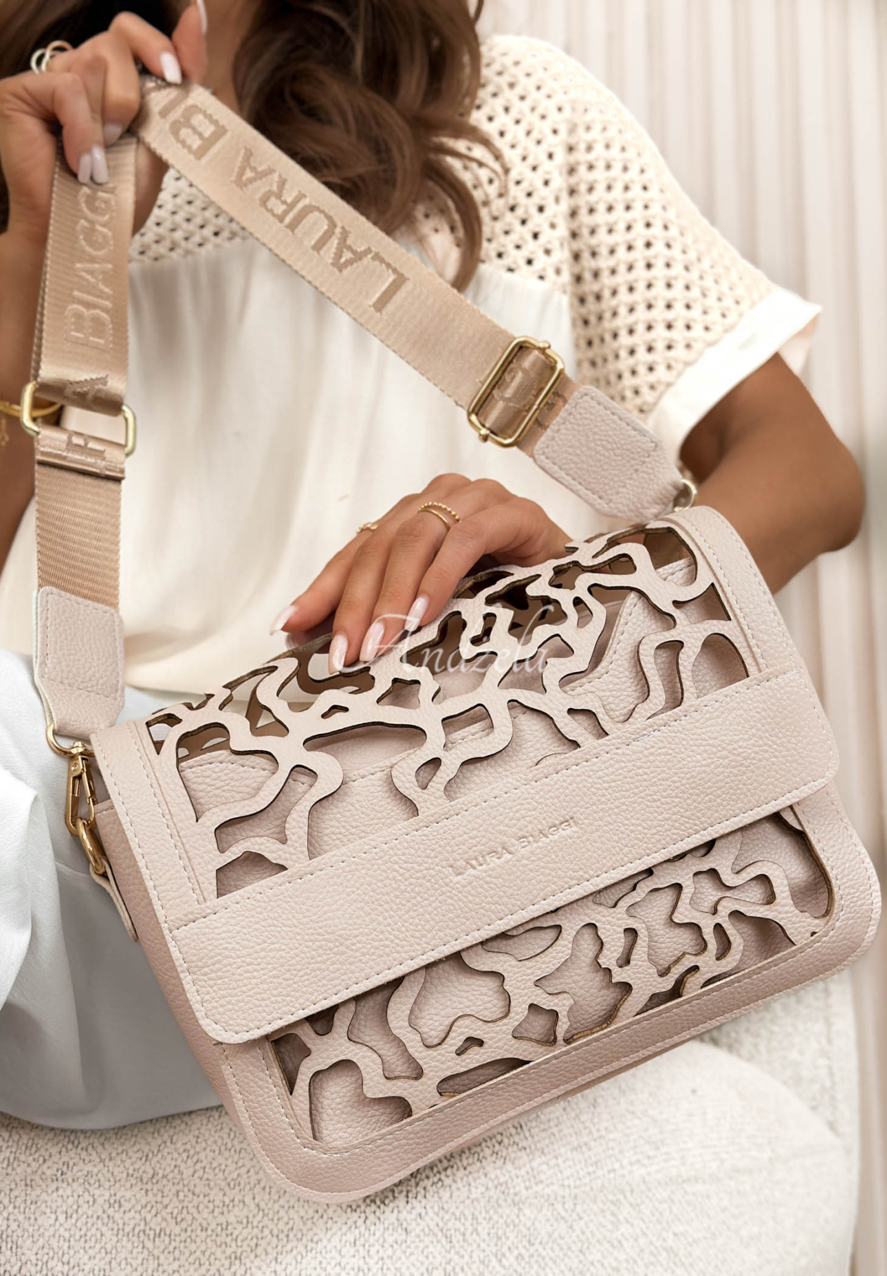 Rosanna Beige Leather Handbag with Openwork Design