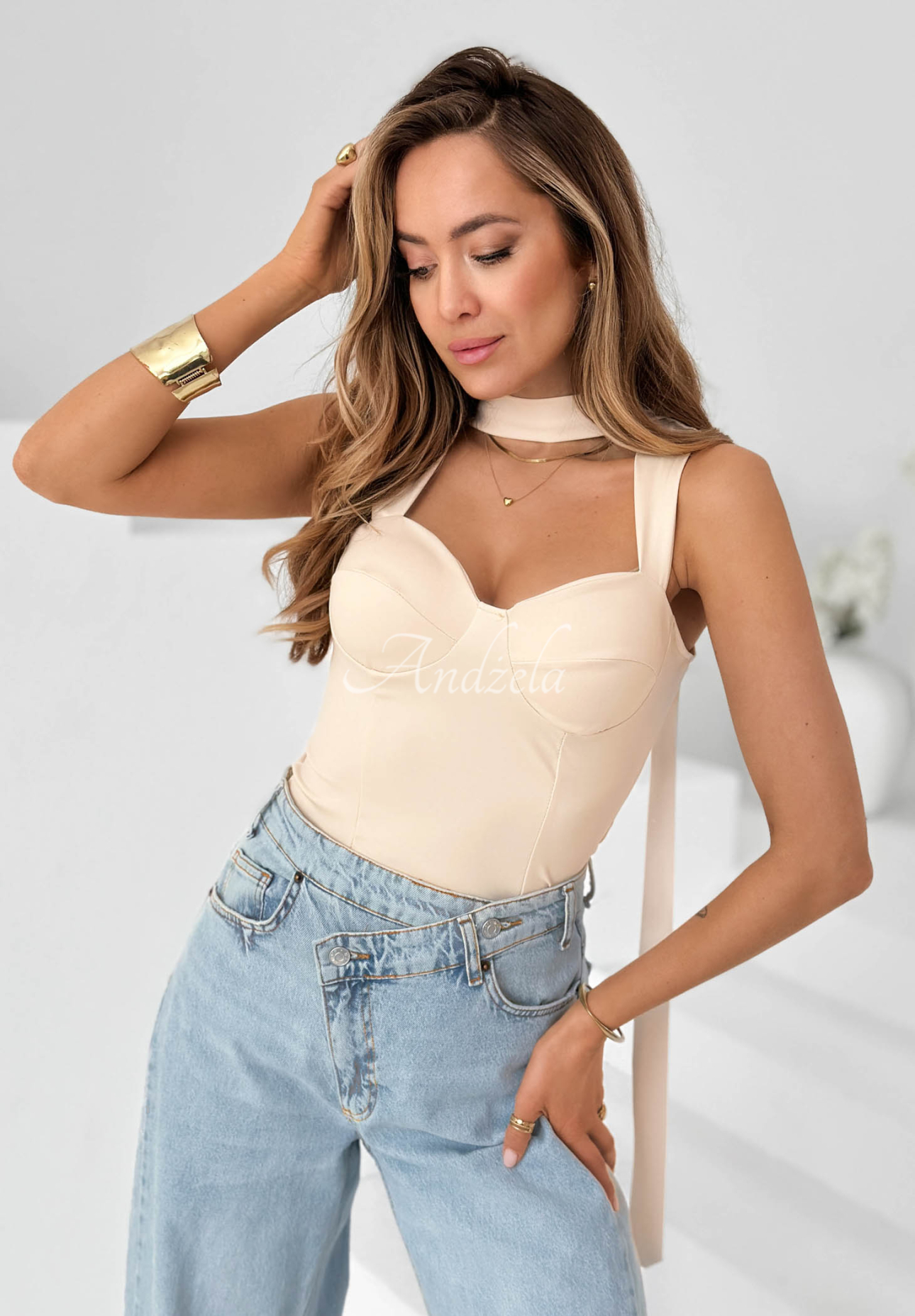 "Don’t Be Late" Beige Choker Top