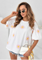 Bluzka z bufkami i haftowanymi kwiatkami Sweet Daisy biała