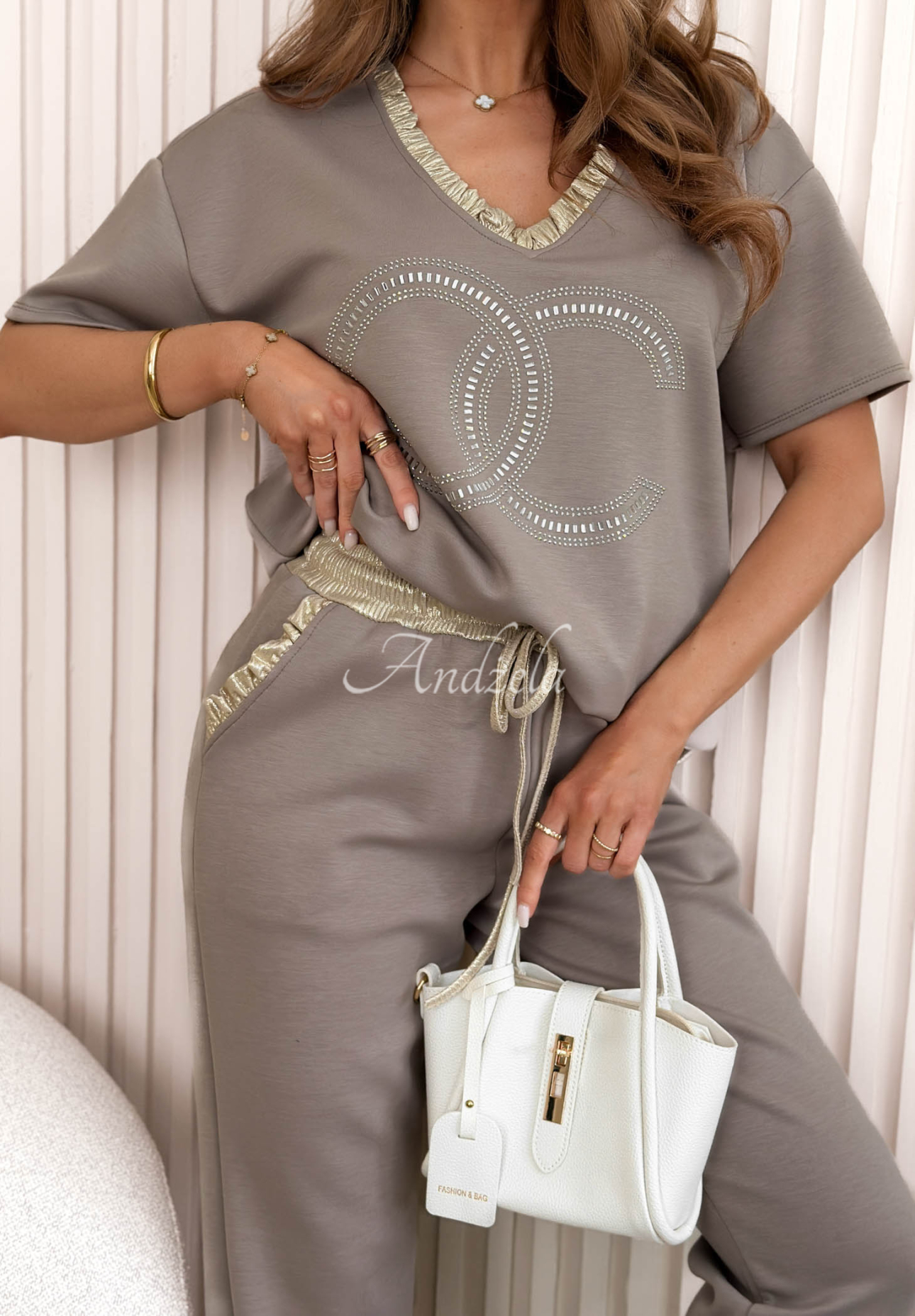 Dolce Paradise Mocha Viscose Sweatsuit Set with Rhinestones