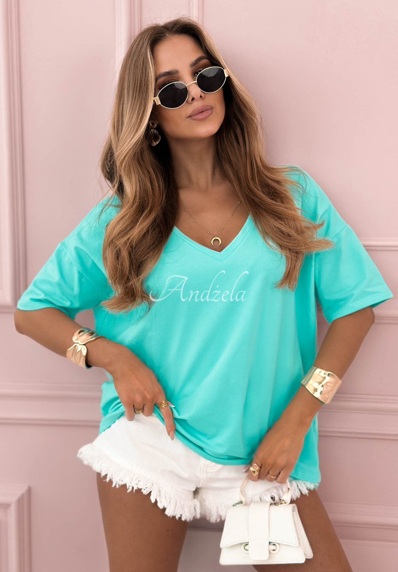 Bawełniany T-shirt oversize z dekoltem w serek Cascade turkusowy