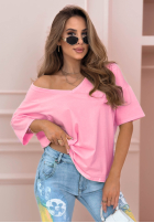 T-shirt oversize z dekoltem w serek Cascade neonowy różowy