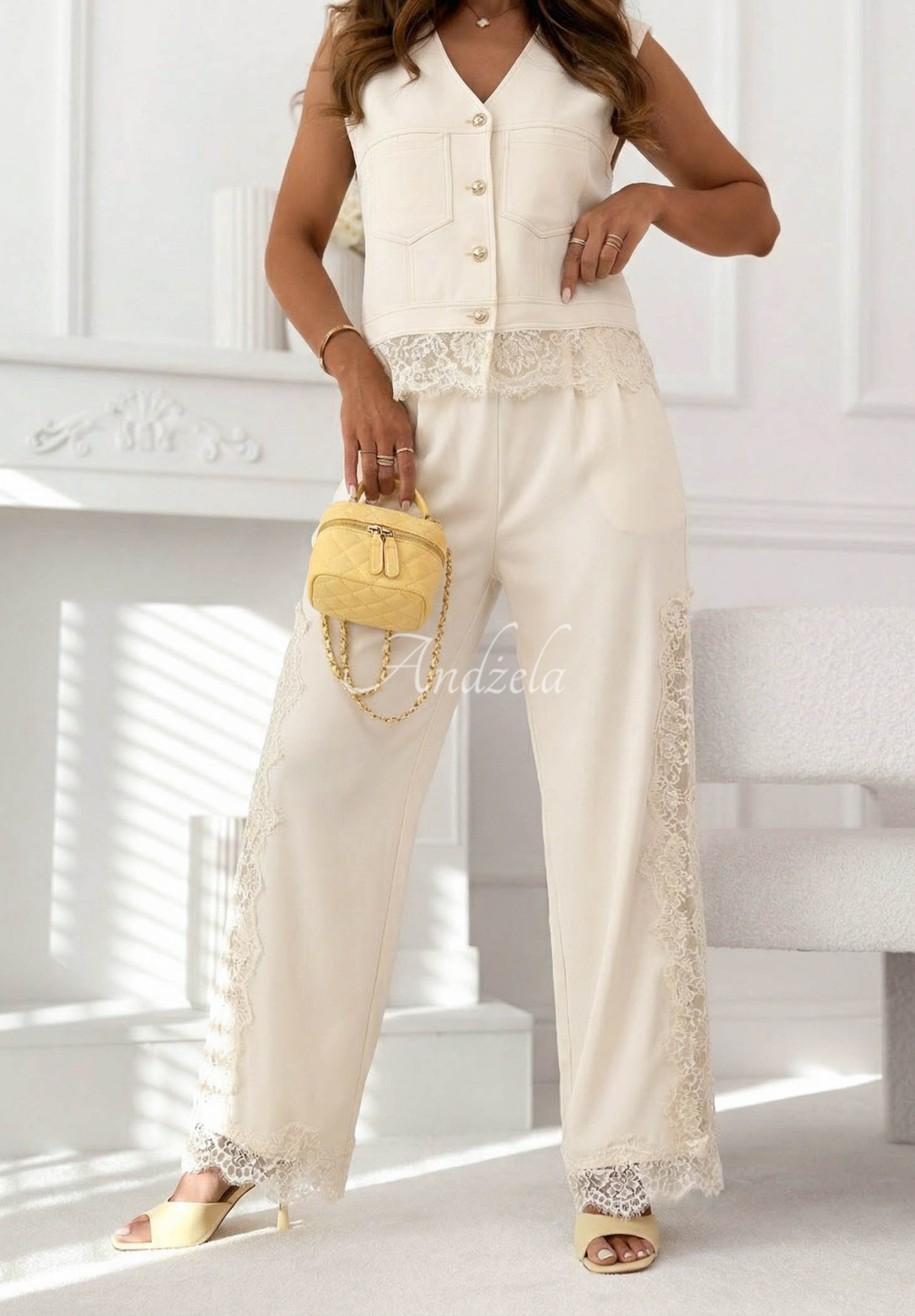 Elegant beige viscose set with a lace-trimmed vest and pants by Fancy You