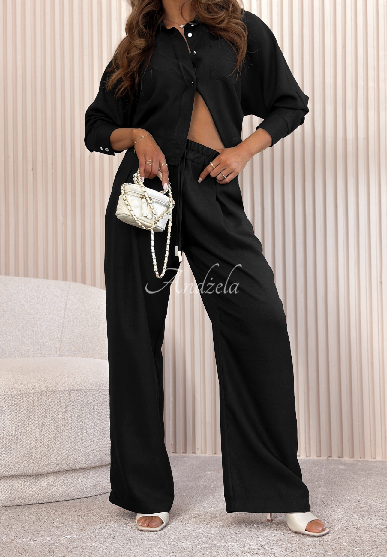 Spring Look Black Viscose Shirt and Pants Set