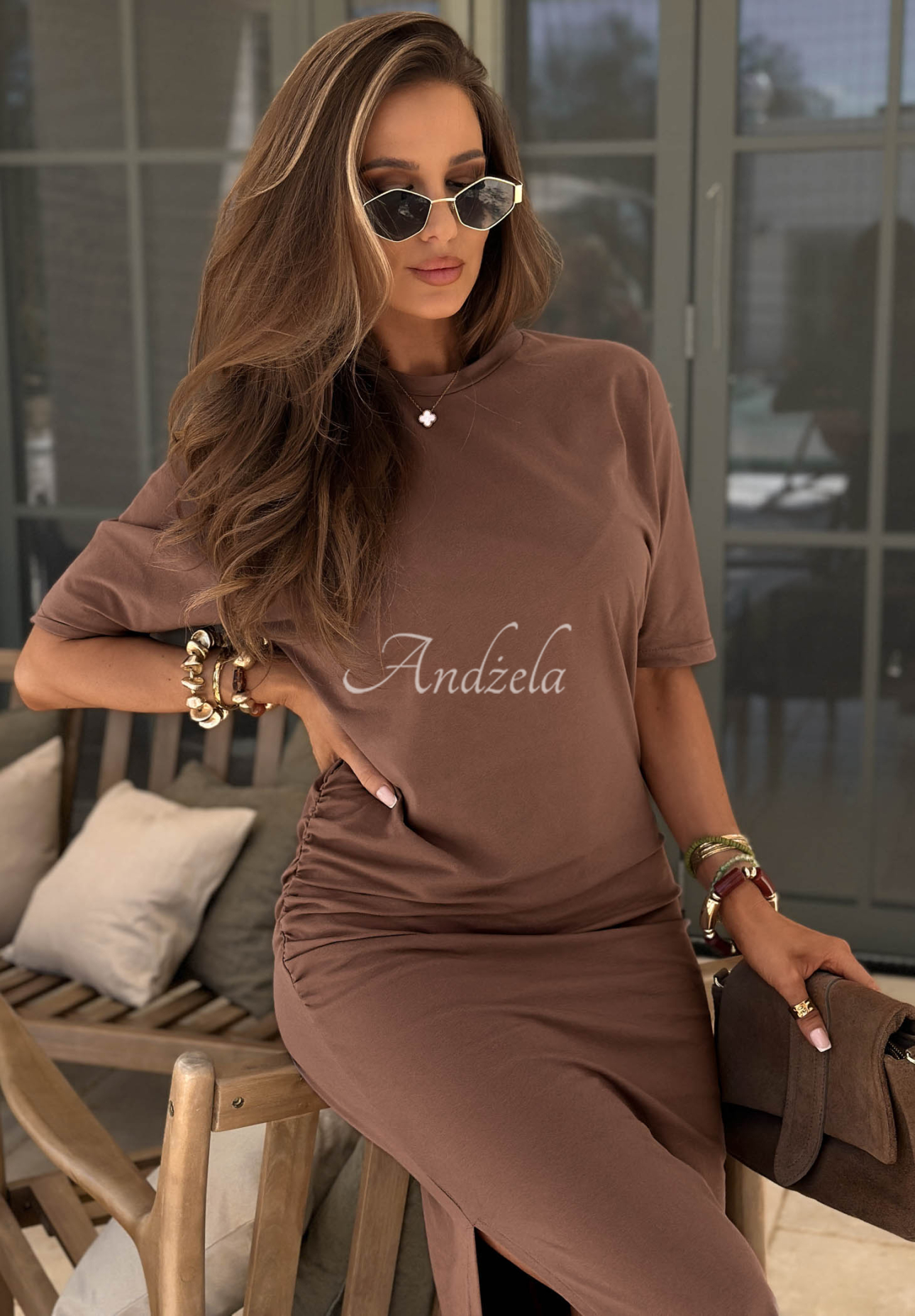 Viva Oliva Chocolate-Colored Cotton Dress with Ruffles