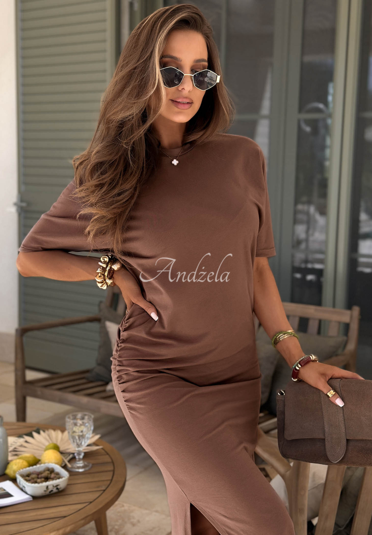 Viva Oliva Chocolate-Colored Cotton Dress with Ruffles