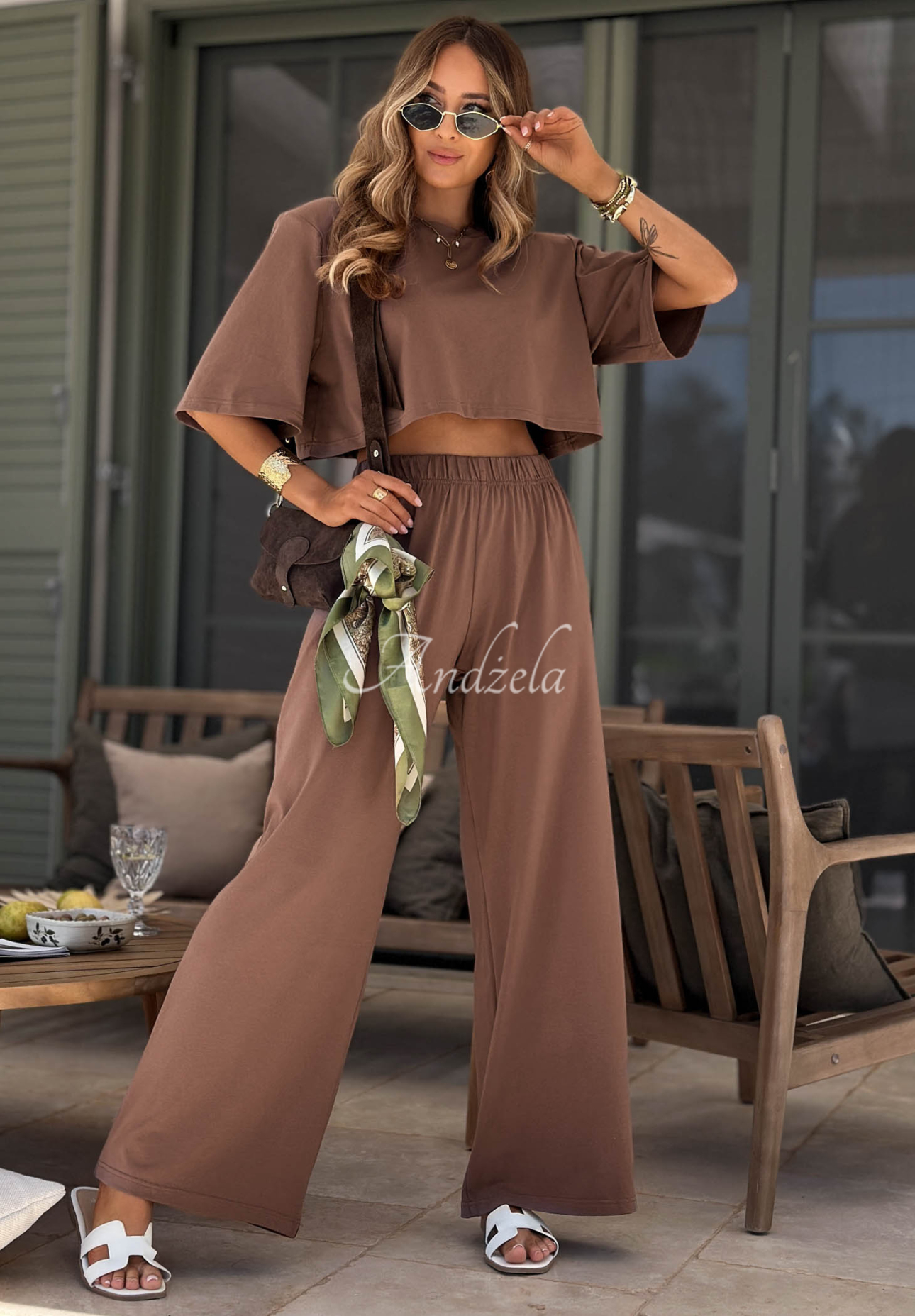 Viva Oliva Chocolate-Brown Wide-Leg Cotton Sweatpants