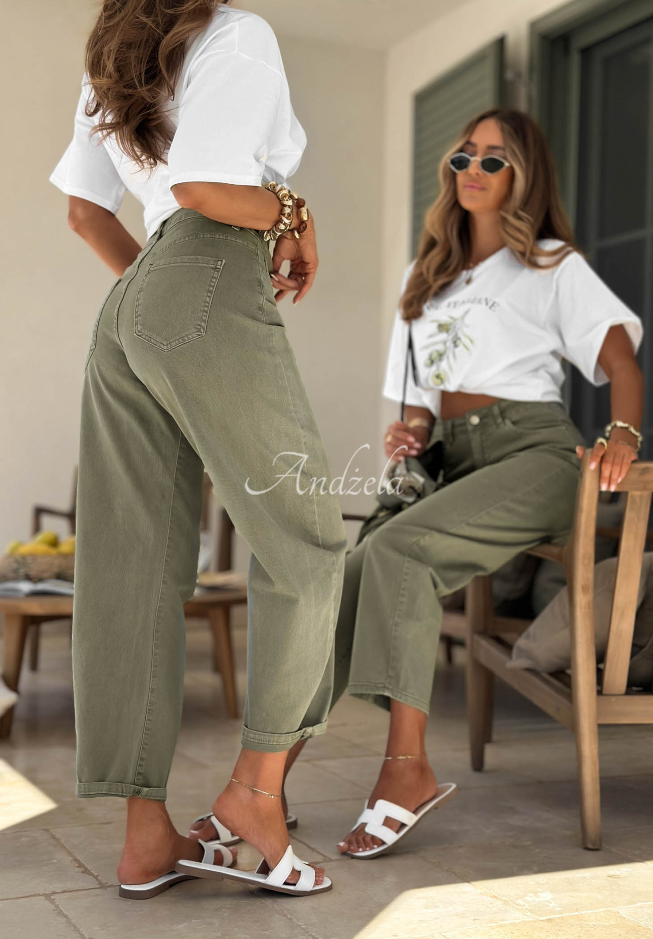 Spodnie jeansowe balloon z paskiem Plain Mood khaki