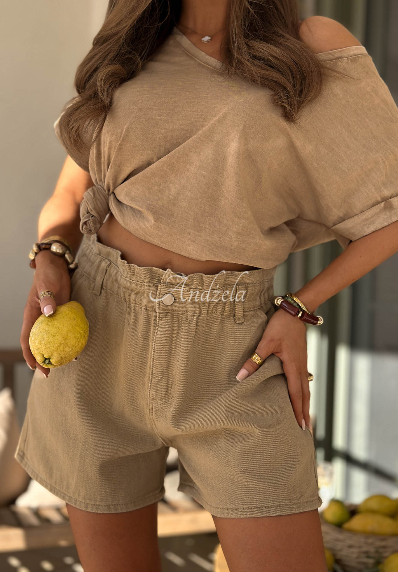 Camel-colored Safari Trip denim shorts