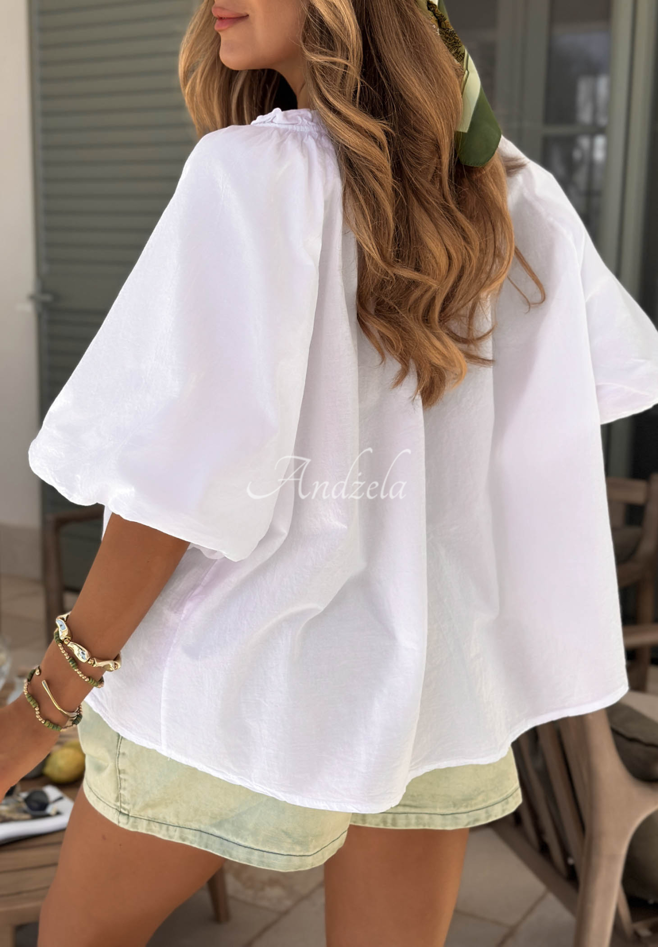 Bellanova White Cotton Blouse with Puff Sleeves and Neckline Tie