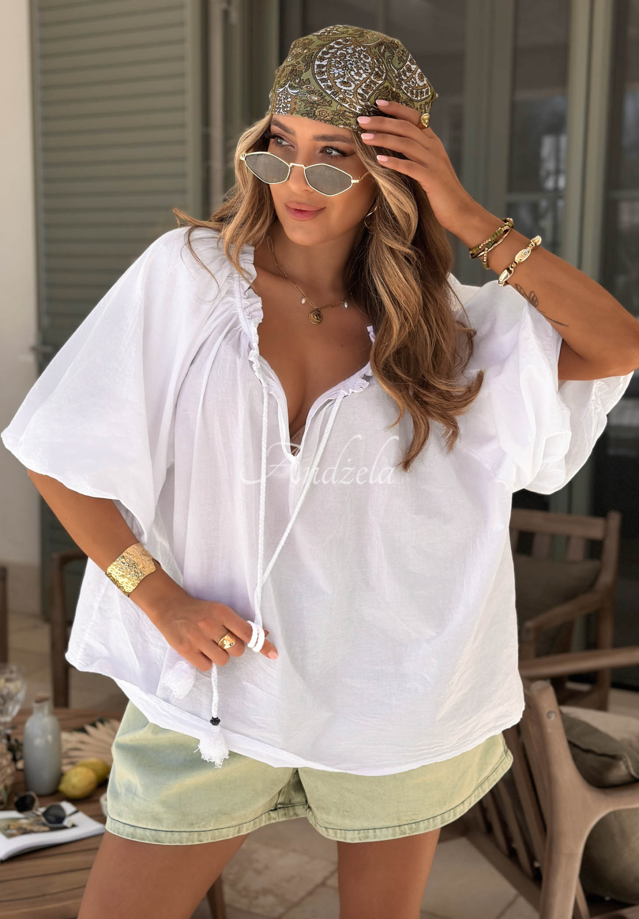 Bellanova White Cotton Blouse with Puff Sleeves and Neckline Tie