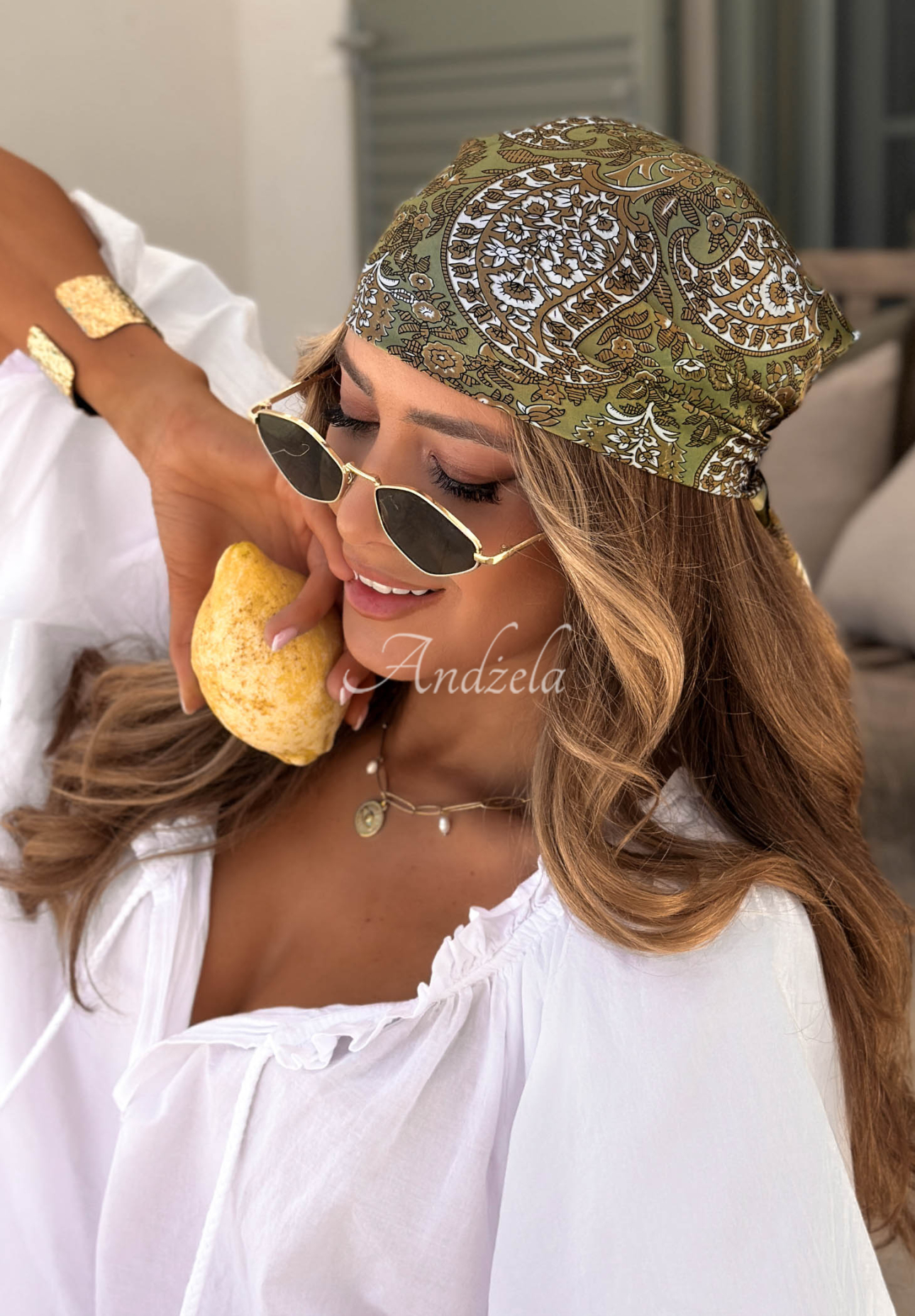 Wzorzysta apaszka Print Story khaki