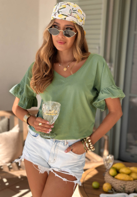 Ask For More Olive Cotton T-Shirt with Ruffles