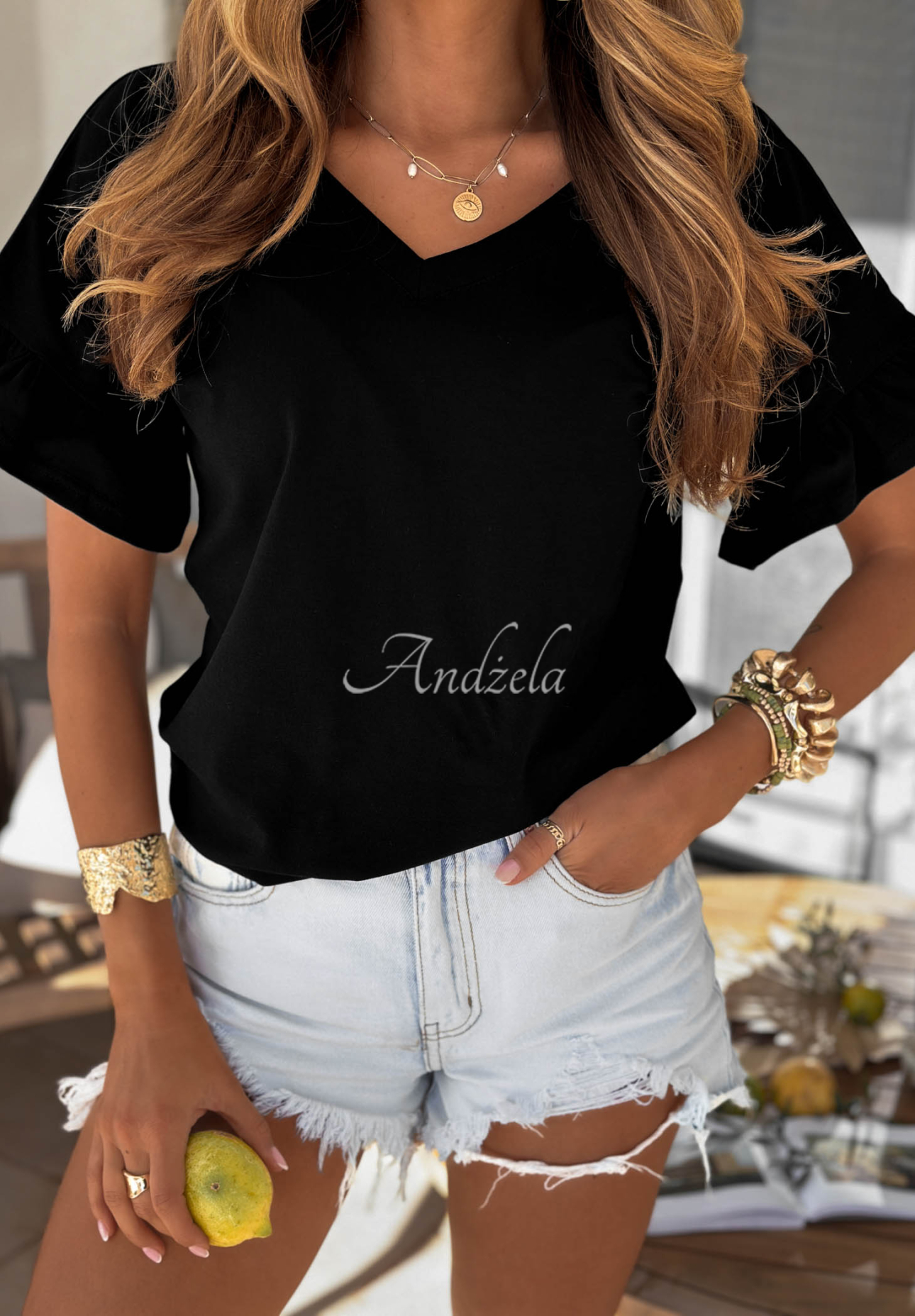 Bawełniany T-shirt z falbankami Ask For More czarny