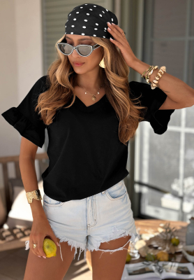 Ask For More Black Cotton T-Shirt with Ruffles