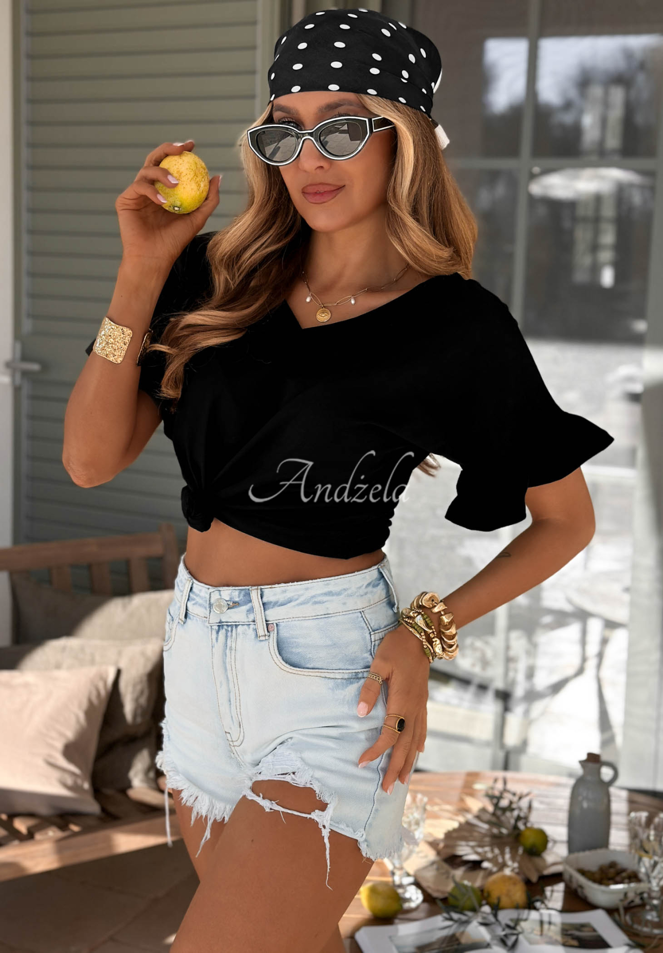 Bawełniany T-shirt z falbankami Ask For More czarny