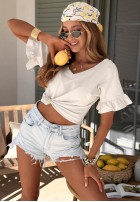 Bawełniany T-shirt z falbankami Ask For More pudrowy róż