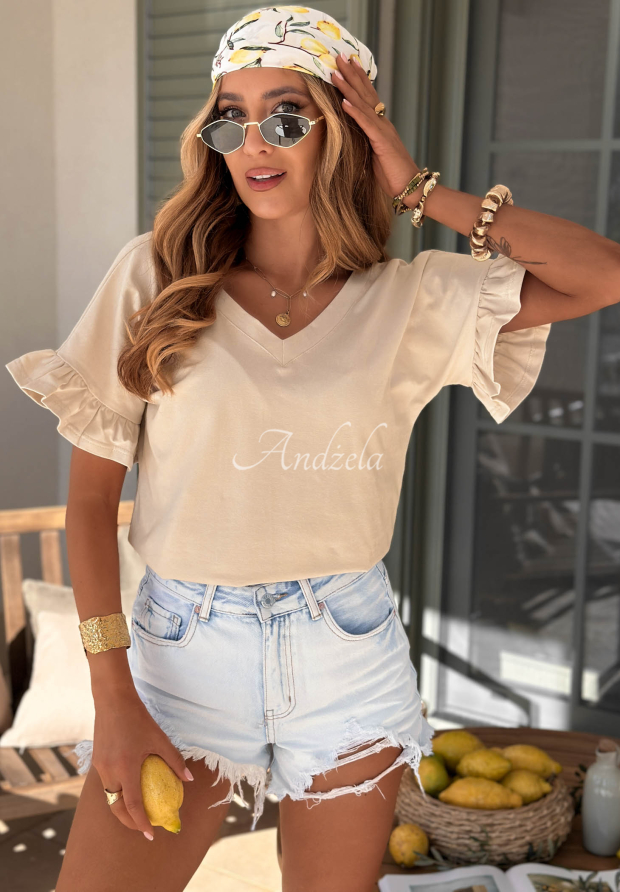 Ask For More Beige Cotton T-Shirt with Ruffles
