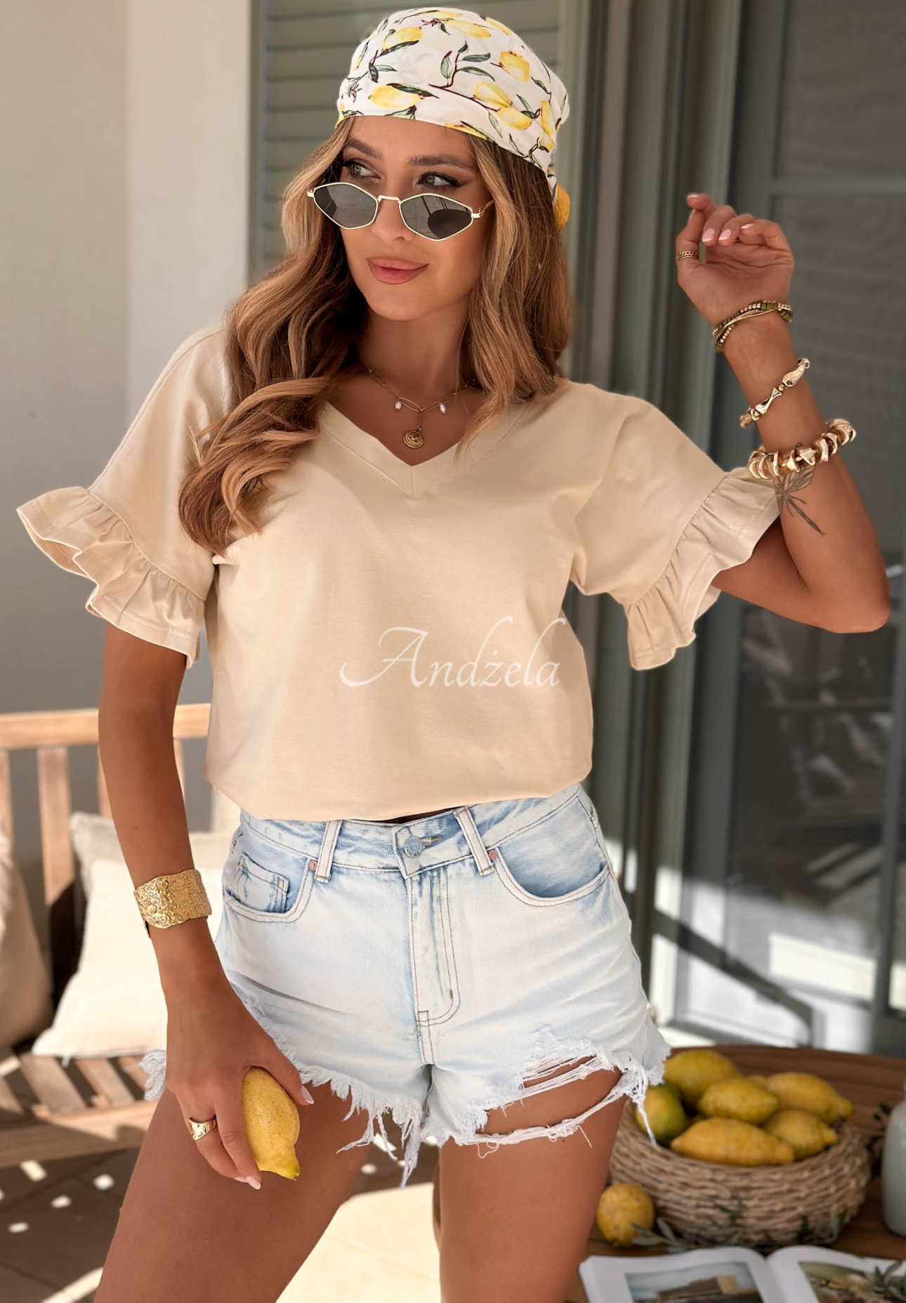 Ask For More Beige Cotton T-Shirt with Ruffles
