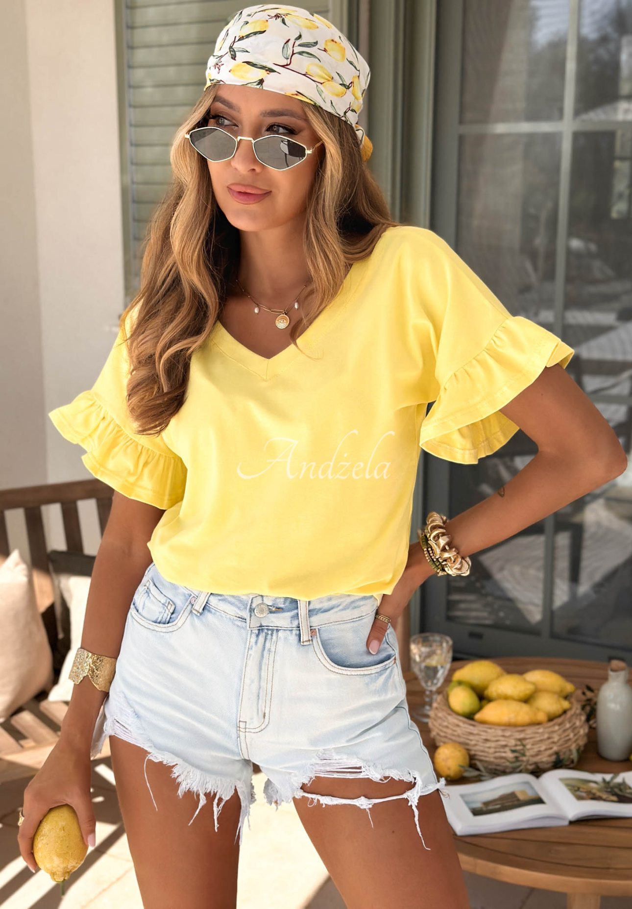 Bawełniany T-shirt z falbankami Ask For More bananowy