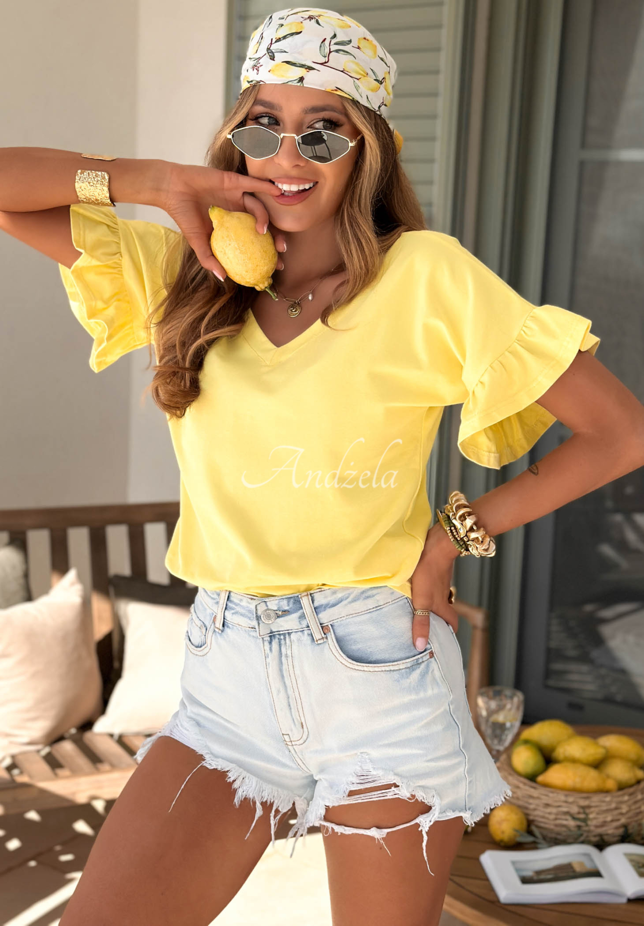 Bawełniany T-shirt z falbankami Ask For More bananowy