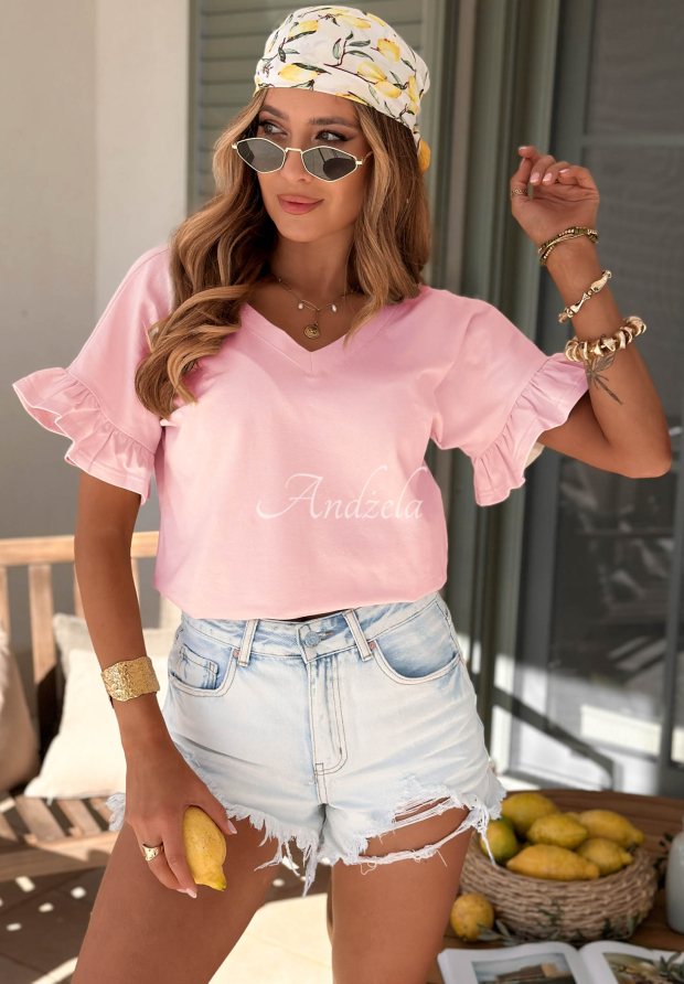 Ask For More Cotton T-Shirt with Ruffles in Powder Pink