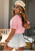 Bawełniany T-shirt z falbankami Ask For More pudrowy róż