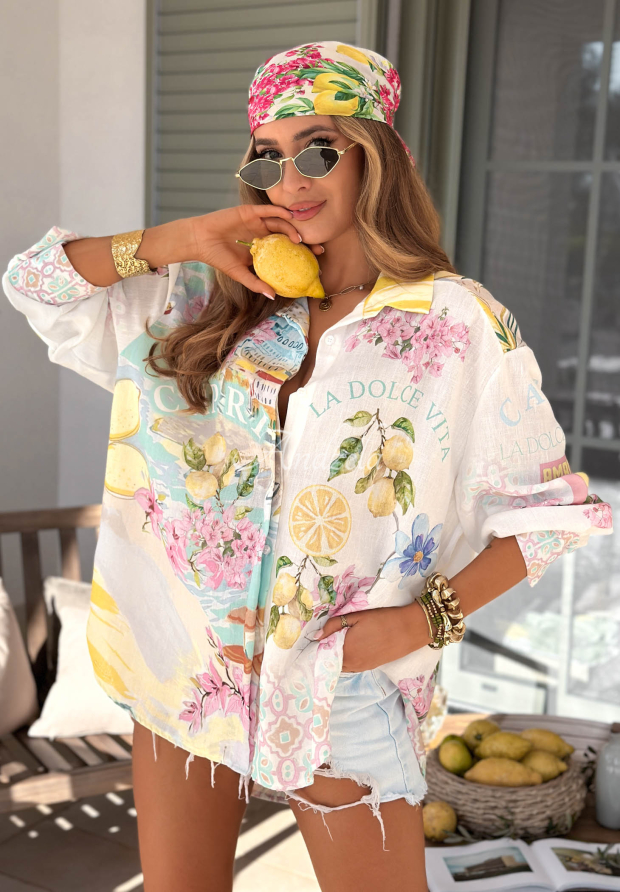 Asymetryczna koszula we wzory Capri Lemonade biało-błękitna