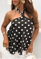 Satynowy top wiązany na szyi w groszki Delphie czarny