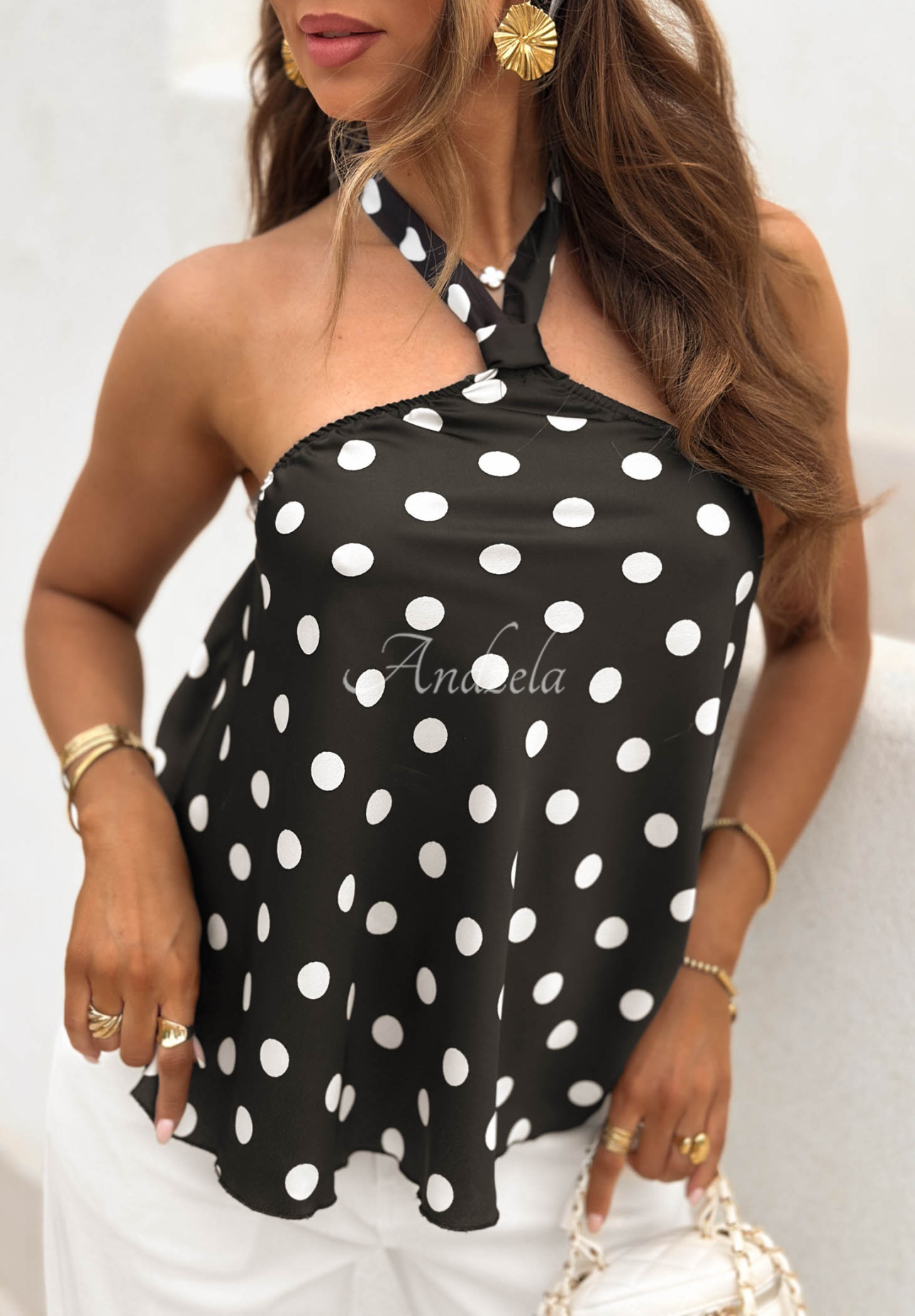 Amalfi Glow Black Polka Dot Satin Halter Neck Top